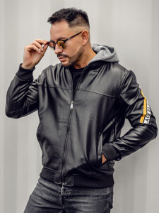 Blouson pour homme en cuir à capuche noir-jaune Bolf HY614