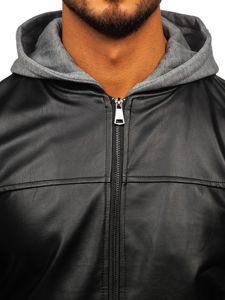 Blouson pour homme en cuir à capuche noir-jaune Bolf HY614