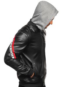 Blouson pour homme en cuir à capuche noir-rouge Bolf HY614