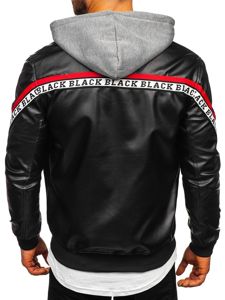 Blouson pour homme en cuir à capuche noir-rouge Bolf HY614