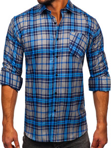 Chemise à manche longue en flanelle à carreaux pour homme bleue Bolf F1