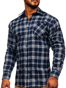 Chemise à manche longue en flanelle à carreaux pour homme bleue foncée Bolf F1