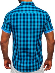 Chemise à manches courtes noire-bleue à carreaux pour homme Bolf 4508