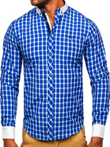 Chemise élégante à manche longue à carreaux pour homme bleue cobalt Bolf 5737-1