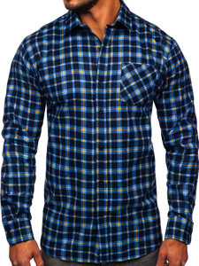 Chemise en flanelle à carreaux à manche longue pour homme bleue-jaune Bolf F4