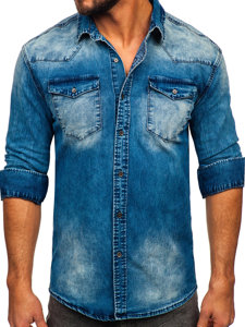 Chemise en jean à manche longue pour homme bleue foncée Bolf MC710BS