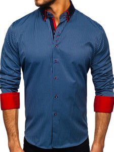 Chemise pour homme rayée à manches longues bleue foncée Bolf 2751