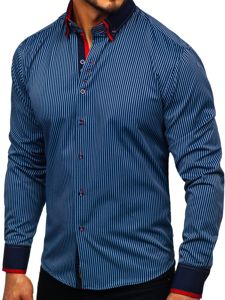 Chemise pour homme rayée à manches longues bleue foncée Bolf 2751