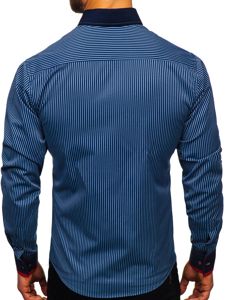 Chemise pour homme rayée à manches longues bleue foncée Bolf 2751