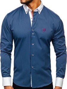 Chemise pour homme rayée à manches longues bleue foncée Bolf 9717