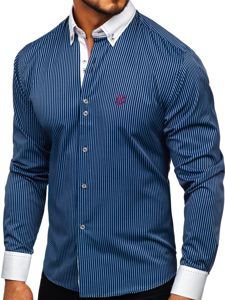 Chemise pour homme rayée à manches longues bleue foncée Bolf 9717