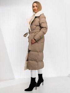 Femme Blouson d'hiver longue matelassée à capuche Beige Bolf 16M9168