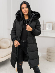 Femme Blouson d'hiver longue matelassée à capuche Noir Bolf 11Z8082