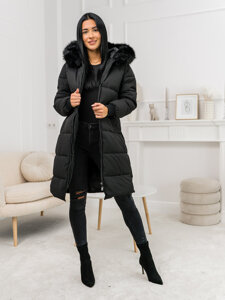 Femme Blouson d'hiver longue matelassée à capuche Noir Bolf 11Z8082