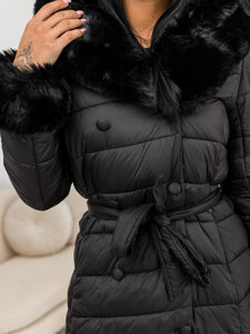 Femme Blouson d'hiver longue matelassée à capuche Noir Bolf 11Z8095