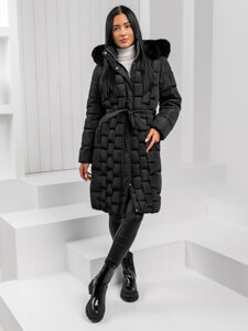 Femme Blouson d'hiver longue matelassée à capuche Noir Bolf 11Z8179