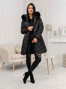 Femme Blouson d'hiver longue matelassée à capuche Noir Bolf 16M9195