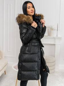 Femme Blouson d'hiver longue matelassée à capuche Noir Bolf 5M3298