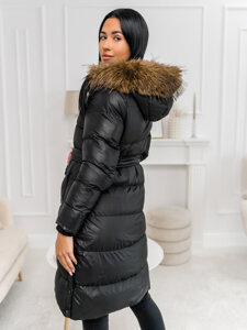 Femme Blouson d'hiver longue matelassée à capuche Noir Bolf 5M3298