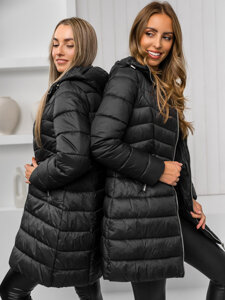 Femme Blouson d'hiver matelassée à capuche long Noir Bolf 11Z8083A