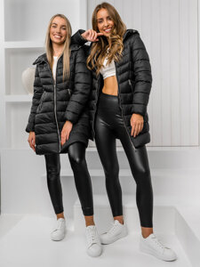 Femme Blouson d'hiver matelassée à capuche long Noir Bolf 11Z8083A