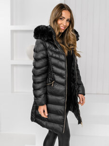 Femme Blouson d'hiver matelassée à capuche long Noir Bolf 5M3162