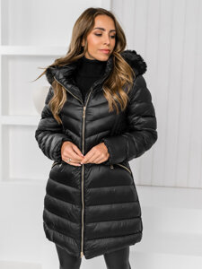 Femme Blouson d'hiver matelassée à capuche long Noir Bolf 5M3162