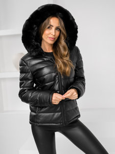 Femme Blouson d'hiver matelassée en cuir à capuche Noir Bolf 11Z8070