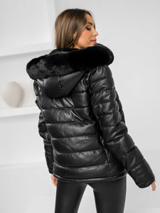 Femme Blouson d'hiver matelassée en cuir à capuche Noir Bolf 11Z8070