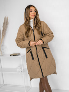 Femme Blouson d'hiver matelassée long à capuche Camel Bolf 5M3168