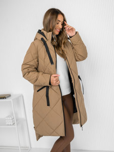 Femme Blouson d'hiver matelassée long à capuche Camel Bolf 5M3168