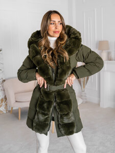 Femme Blouson d'hiver matelassée long à capuche Khaki Bolf 5M3158