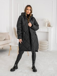 Femme Blouson d'hiver matelassée long à capuche Noir Bolf 5M3168