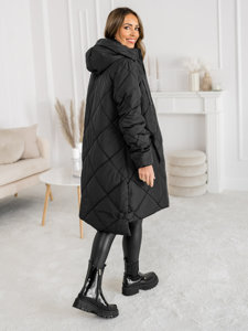 Femme Blouson d'hiver matelassée long à capuche Noir Bolf 5M3168