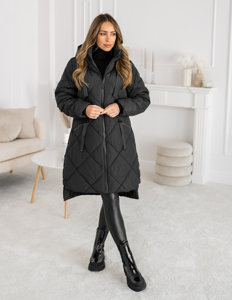 Femme Blouson d'hiver matelassée long à capuche Noir Bolf 5M3168