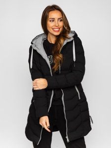 Femme Blouson d'hiver matelassée long à capuche Noir Bolf 7075