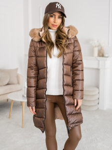 Femme Blouson d'hiver réversible long à capuche Marron Bolf B8202