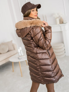 Femme Blouson d'hiver réversible long à capuche Marron Bolf B8202