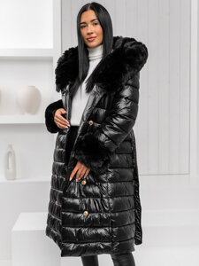 Femme Blouson matelassée d'hiver à capuche longue Noir Bolf 5M3160