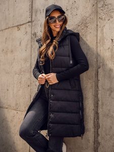 Femme Gilet matelassé long à capuche Noir Bolf MY6315