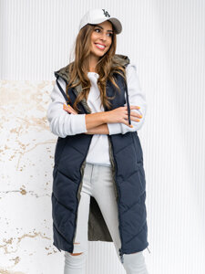 Femme Gilet matelassé long réversible avec capuche Bleu foncé Bolf B8022A1