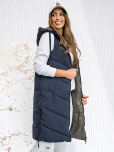 Femme Gilet matelassé long réversible avec capuche Bleu foncé Bolf B8022A1