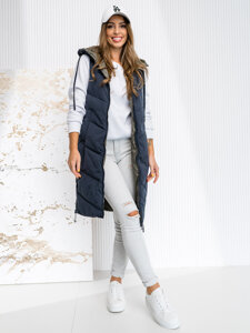 Femme Gilet matelassé long réversible avec capuche Bleu foncé Bolf B8022A1