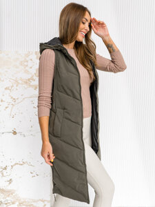 Femme Gilet matelassé long réversible avec capuche Khaki Bolf B8022A1