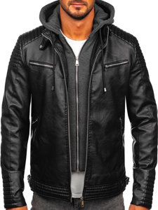 Homme Blouson en cuir à capuche chaud Noir Bolf 11Z8063