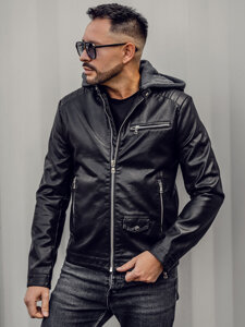 Homme Blouson motard en cuir à capuche Noir Bolf 11Z8022