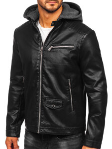 Homme Blouson motard en cuir à capuche Noir Bolf 11Z8022