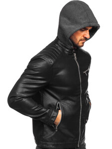 Homme Blouson motard en cuir à capuche Noir Bolf 11Z8022