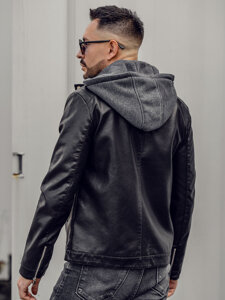 Homme Blouson motard en cuir à capuche Noir Bolf 11Z8022