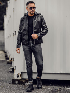 Homme Blouson motard en cuir à capuche Noir Bolf 11Z8022